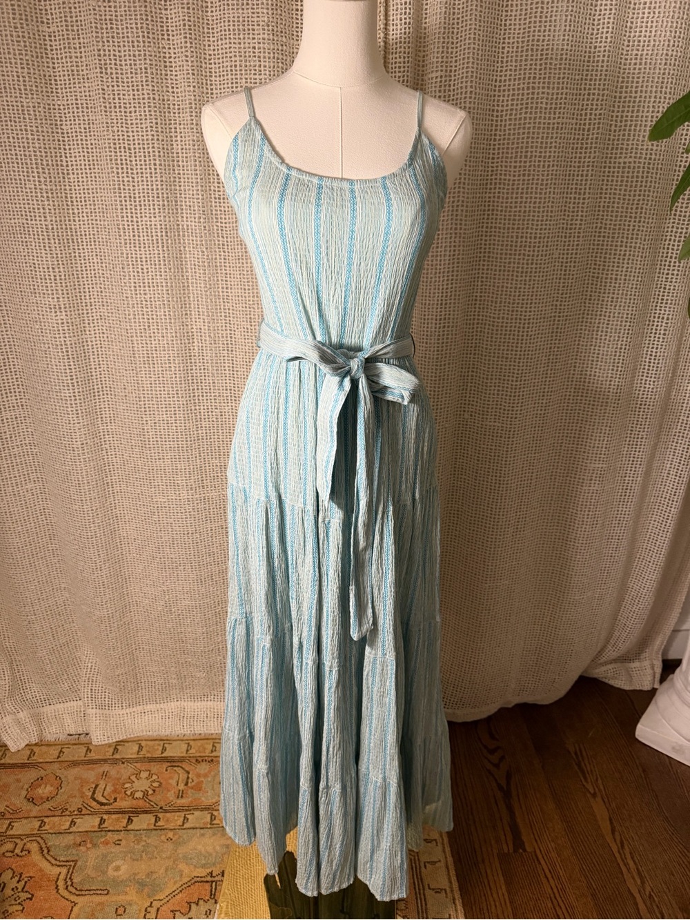 Splendid Light Blue & White Striped Maxi Dress with Waist Tie